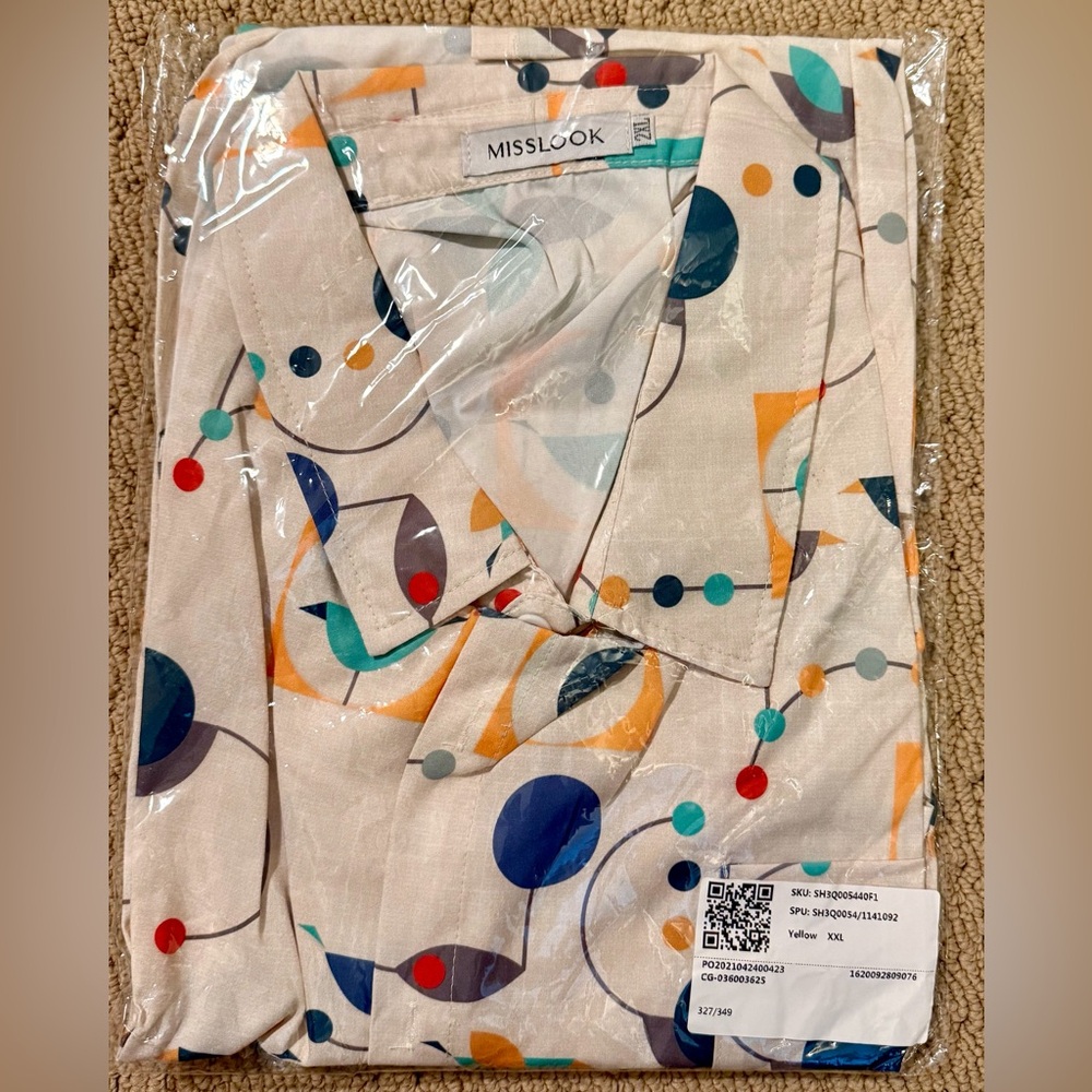 NWT MISSLOOK Cream Geometric Button-Down Shirt, Sz XXL, Orig $60